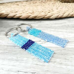 Blue Herringbone Beaded Key Chain 3"